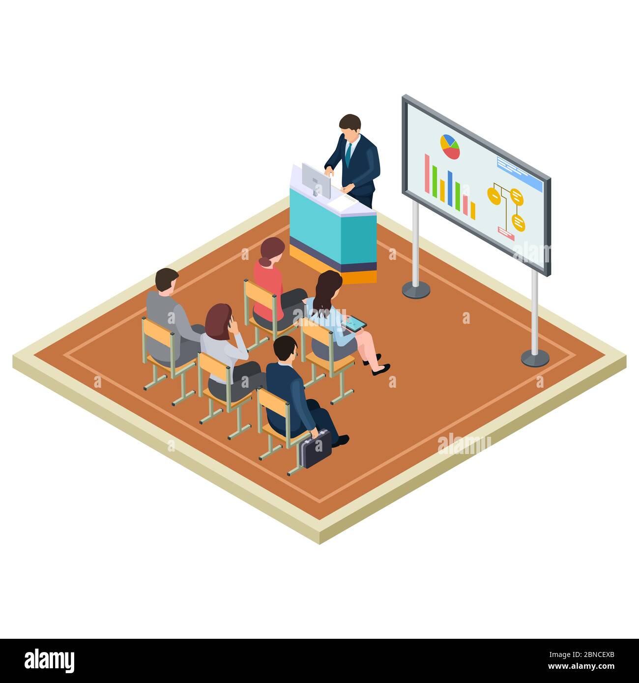 Concept de vecteur isométrique de formation ou de présentation d'entreprise. Illustration de la réunion de présentation et de la formation Illustration de Vecteur
