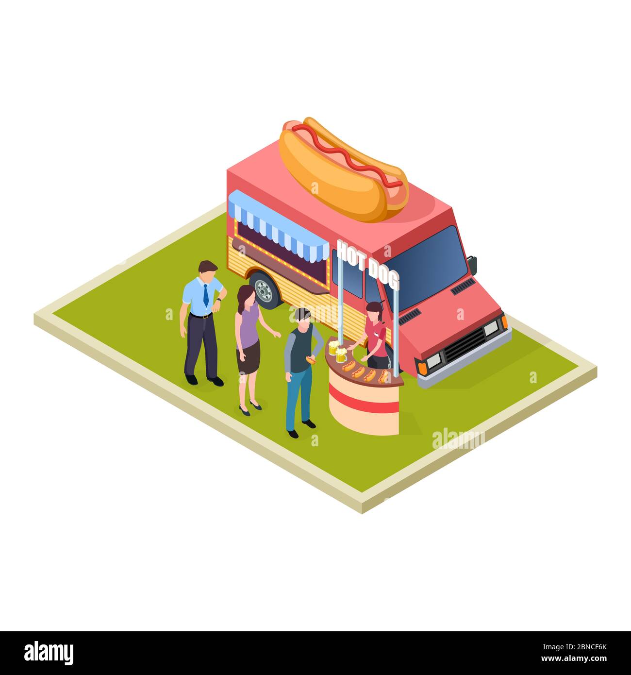 Promo hot dog et dégustation de bière et camion de restauration rapide illustration vectorielle isométrique. Dégustation de hot dog et de bière et promotion Illustration de Vecteur