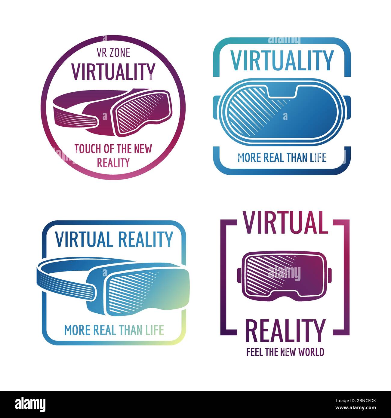 Logos de casque de réalité virtuelle futuriste couleur. Lunettes VR, étiquettes vectorielles montées sur la tête. Illustration du casque virtuel, casque pour vr Illustration de Vecteur