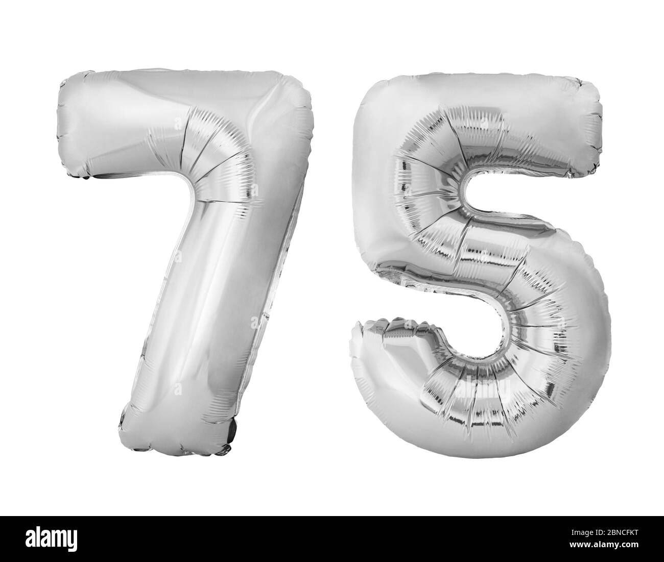 Numéro 75 soixante-quinze ballons gonflables en argent isolés sur fond blanc Banque D'Images