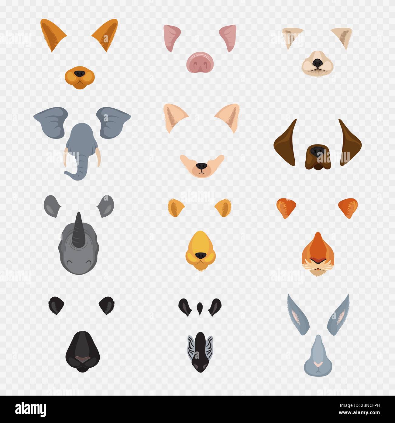 Vidéo mobile chat visages animaux. Masques d'animaux de dessin animé isolés sur fond transparent. Illustration de lapin et zébré à visage vectoriel, lièvre et tigre Illustration de Vecteur