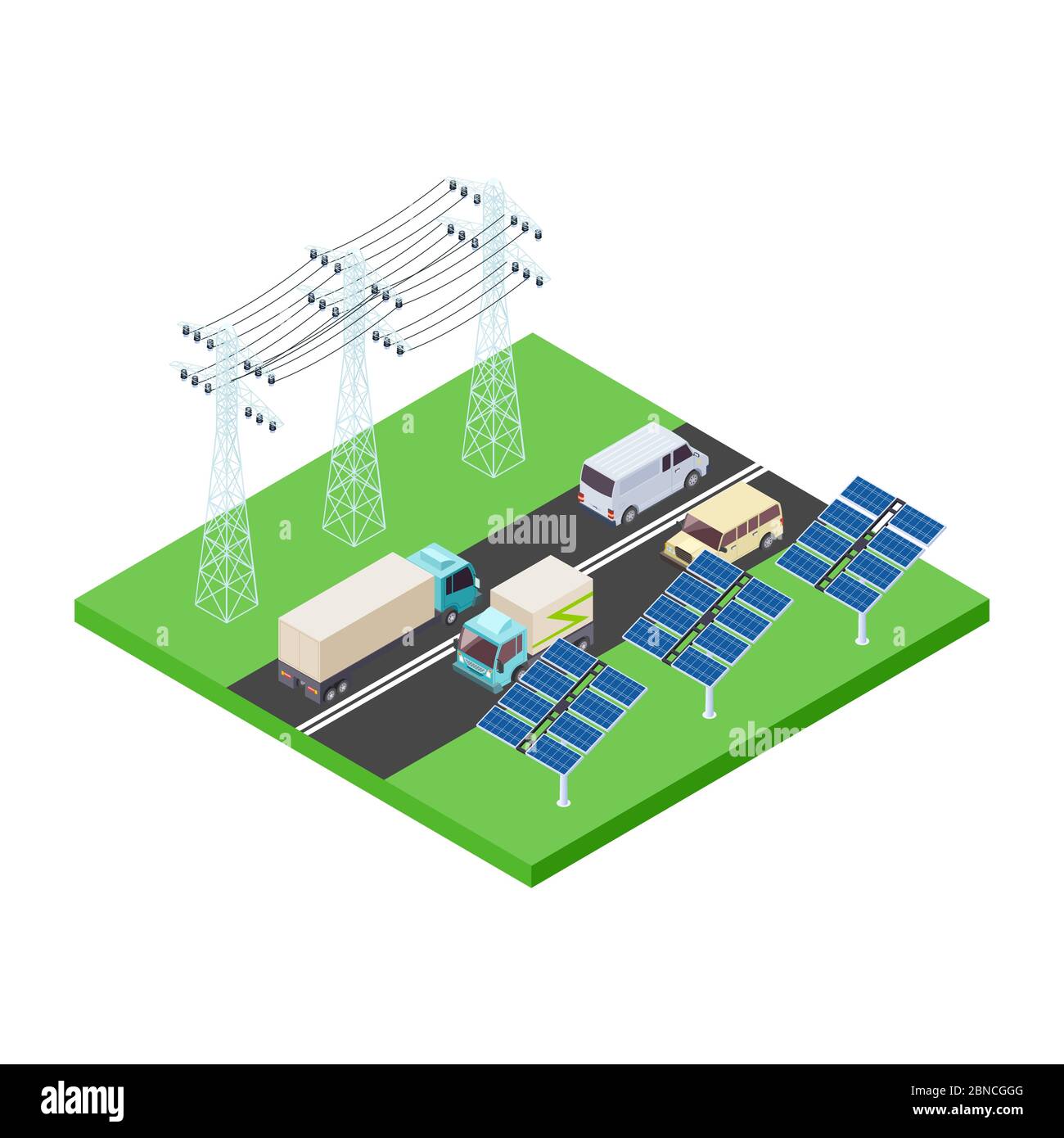 Concept de transmission de puissance ECO et vecteur isométrique de route isolé sur blanc Illustration de Vecteur