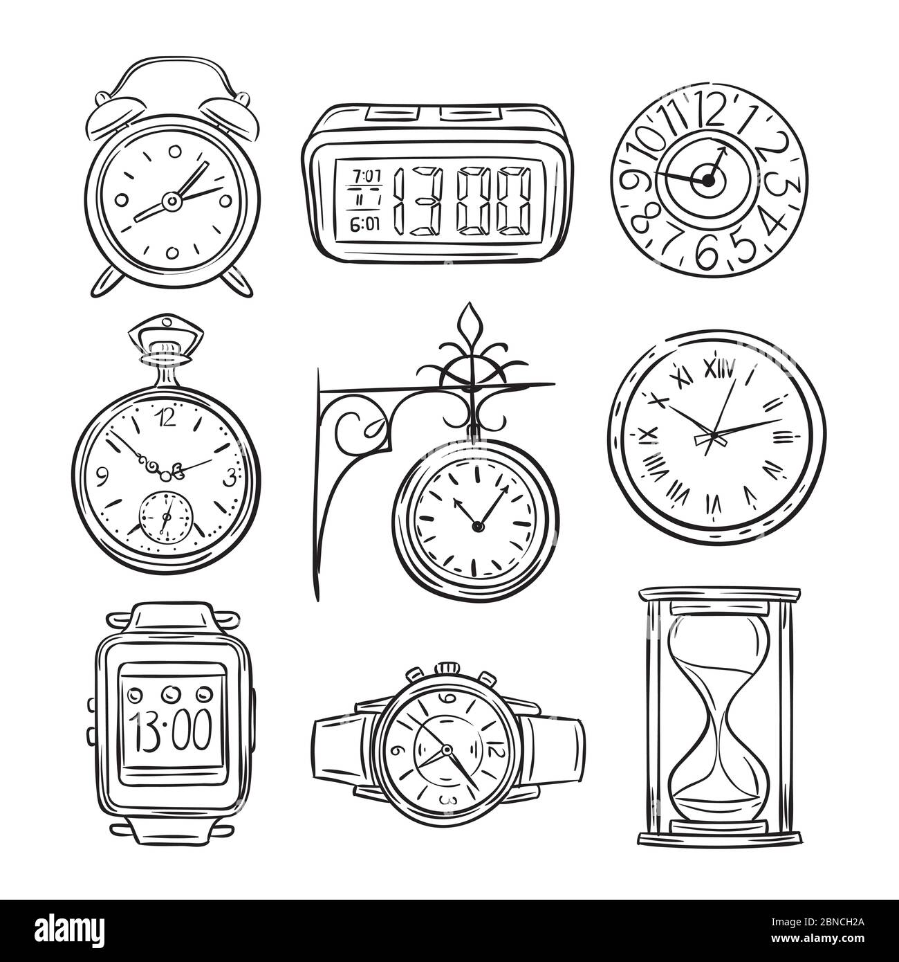 Horloge d'esquisse. Montre Doodle, alarme et minuteur, sablier. Symboles vintage vintage à vecteur temporel dessinés à la main. Illustration de l'horloge et du minuteur, de l'alarme et du sablier Illustration de Vecteur