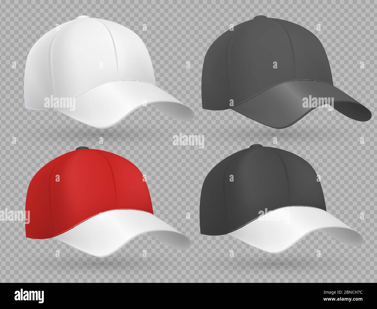 Collection réaliste de modèles vectoriels noirs, blancs et rouges de casquette de baseball isolés sur gris Illustration de Vecteur
