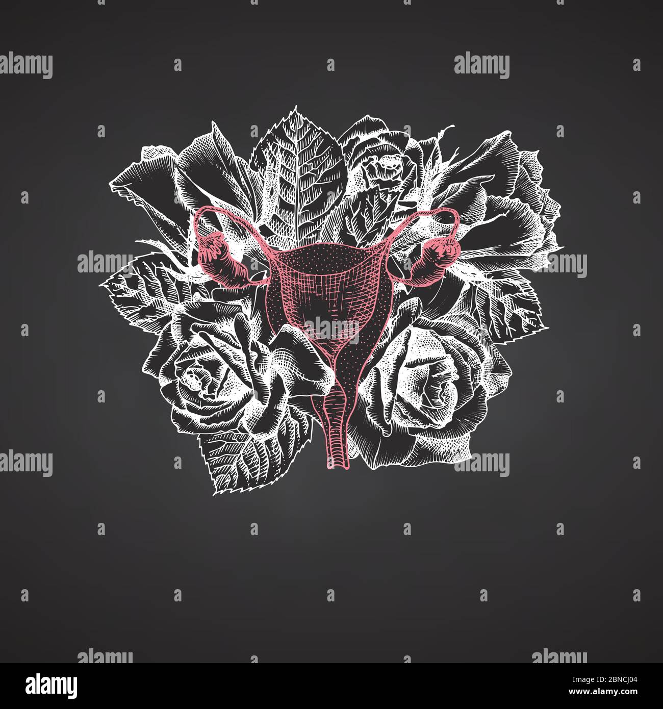 Utérus avec bouquet de roses sur tableau noir icône réaliste dessinée à la main de l'organe interne humain et cadre floral. Esquisse style gravure médical post-viral Illustration de Vecteur