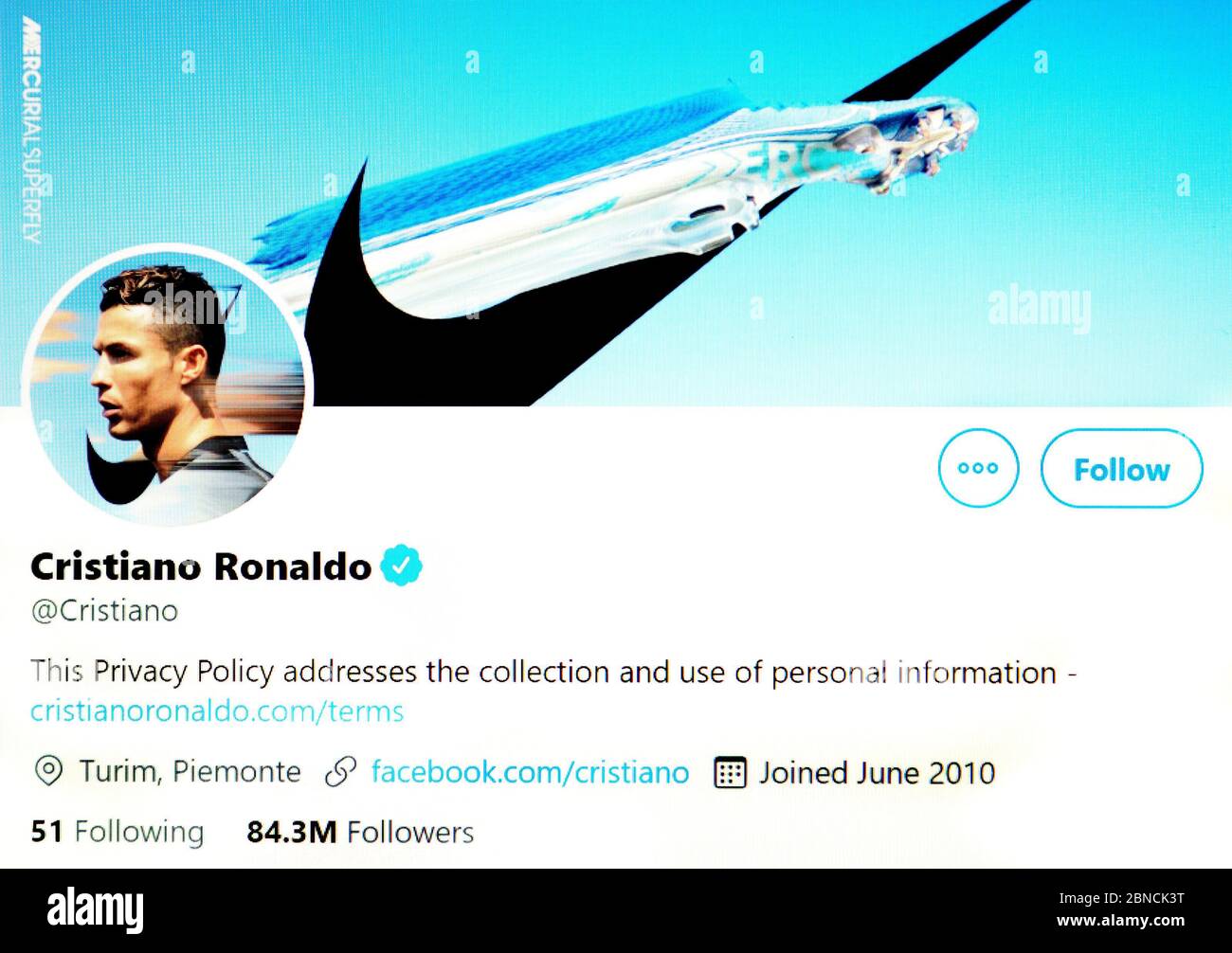 Twitter page (mai 2020) : Cristiano Ronaldo - footballeur portugais jouant Juventus et capitaine de l'équipe nationale portugaise. Banque D'Images