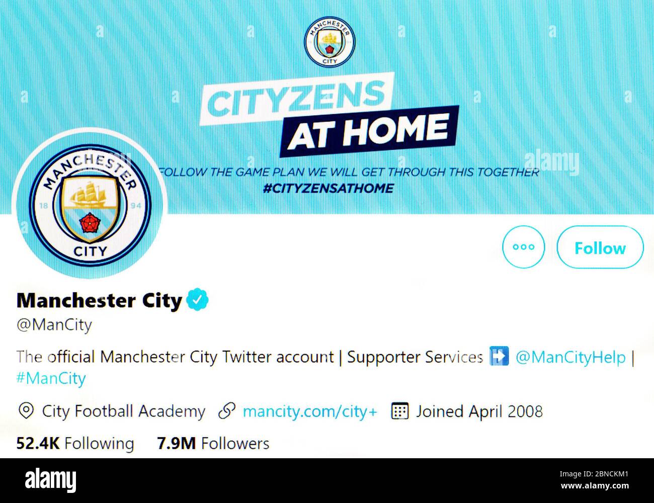 Page Twitter (mai 2020) Club de football de Manchester City Banque D'Images