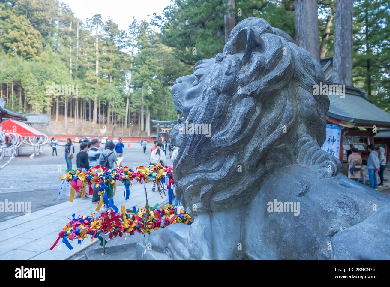 Tochigi, Japon - 21 mars 2019 : vue du lion de Ninja Nikko Futarasan dans un sanctuaire Shinto de la ville de Nikko, une petite ville de la préfecture de Tochigi au Japon Banque D'Images