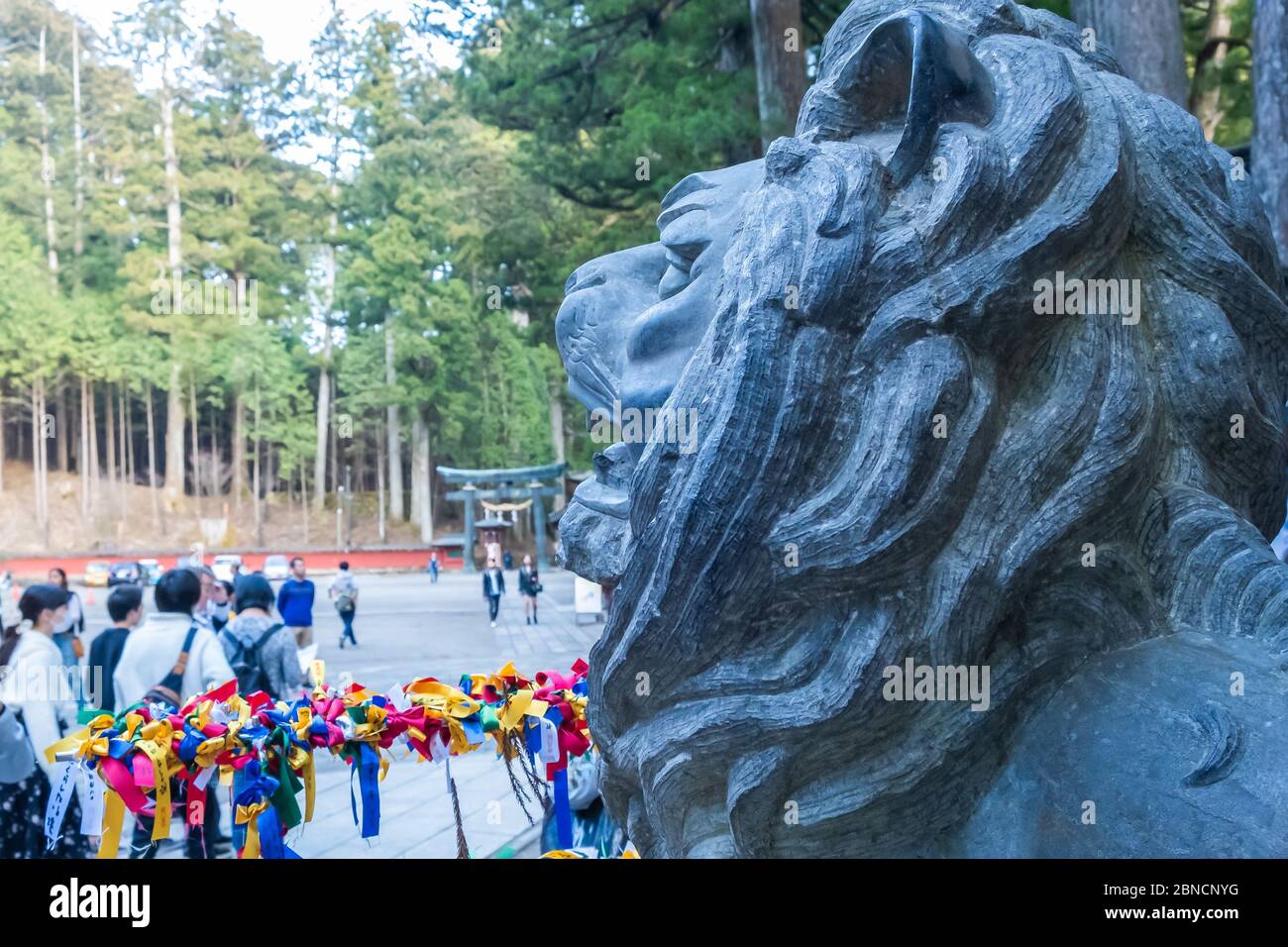 Tochigi, Japon - 21 mars 2019 : vue du lion de Ninja Nikko Futarasan dans un sanctuaire Shinto de la ville de Nikko, une petite ville de la préfecture de Tochigi au Japon Banque D'Images