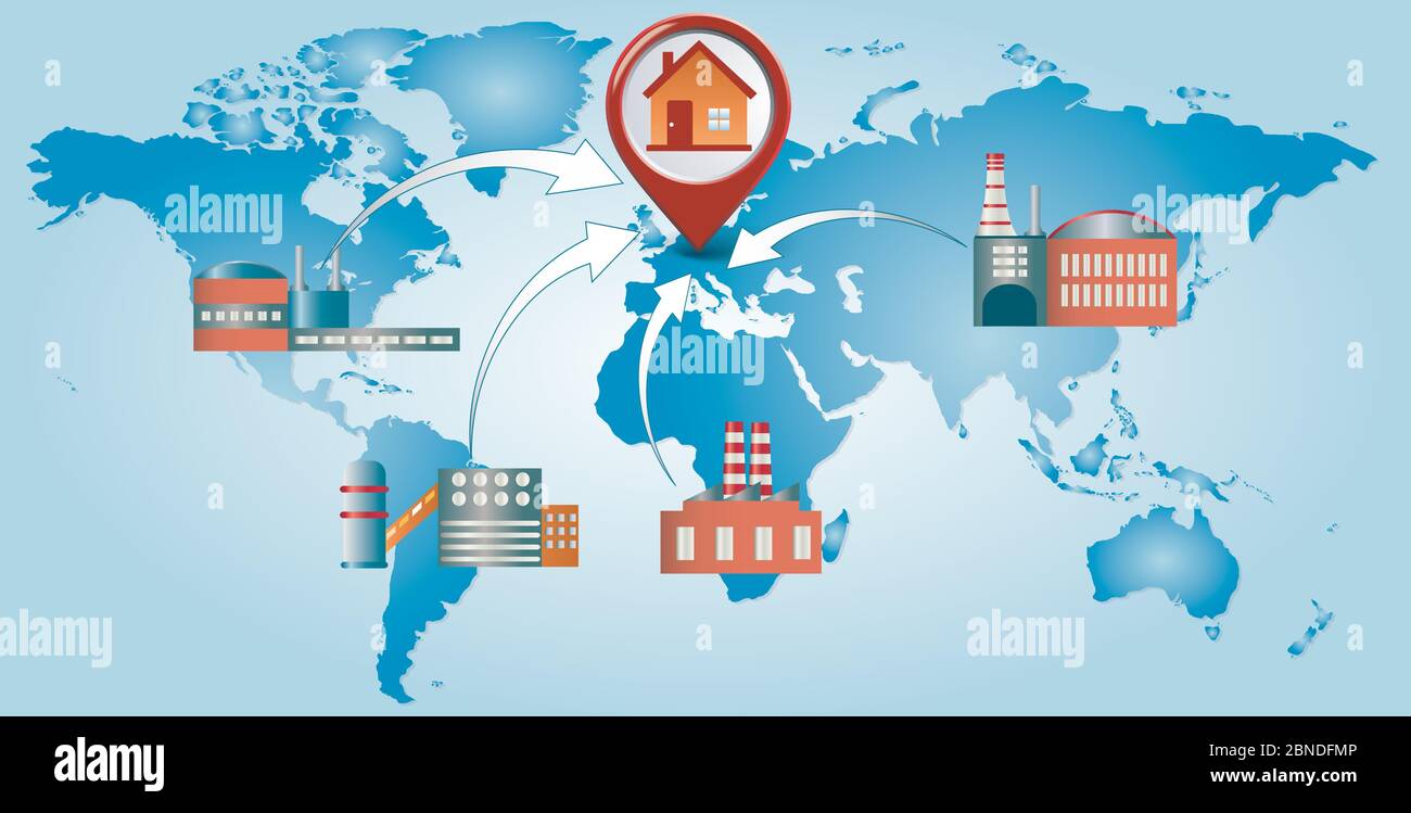 Concept de remodétisation. Les usines et les entreprises rentrent chez elles. Protectionnisme accru. Autosuffisance. Chaîne d'approvisionnement automatisée. Éviter les perturbations de la chaîne de production Illustration de Vecteur