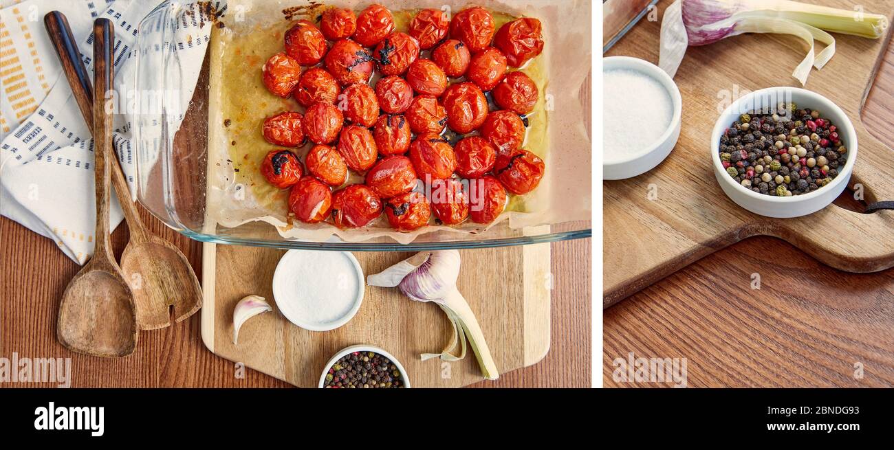 Collage de tomates cuites dans un plat à pâtisserie, de l'ail et des bols avec du poivre et du sel sur le plan de coupe près des spatules et de la serviette sur fond de bois Banque D'Images