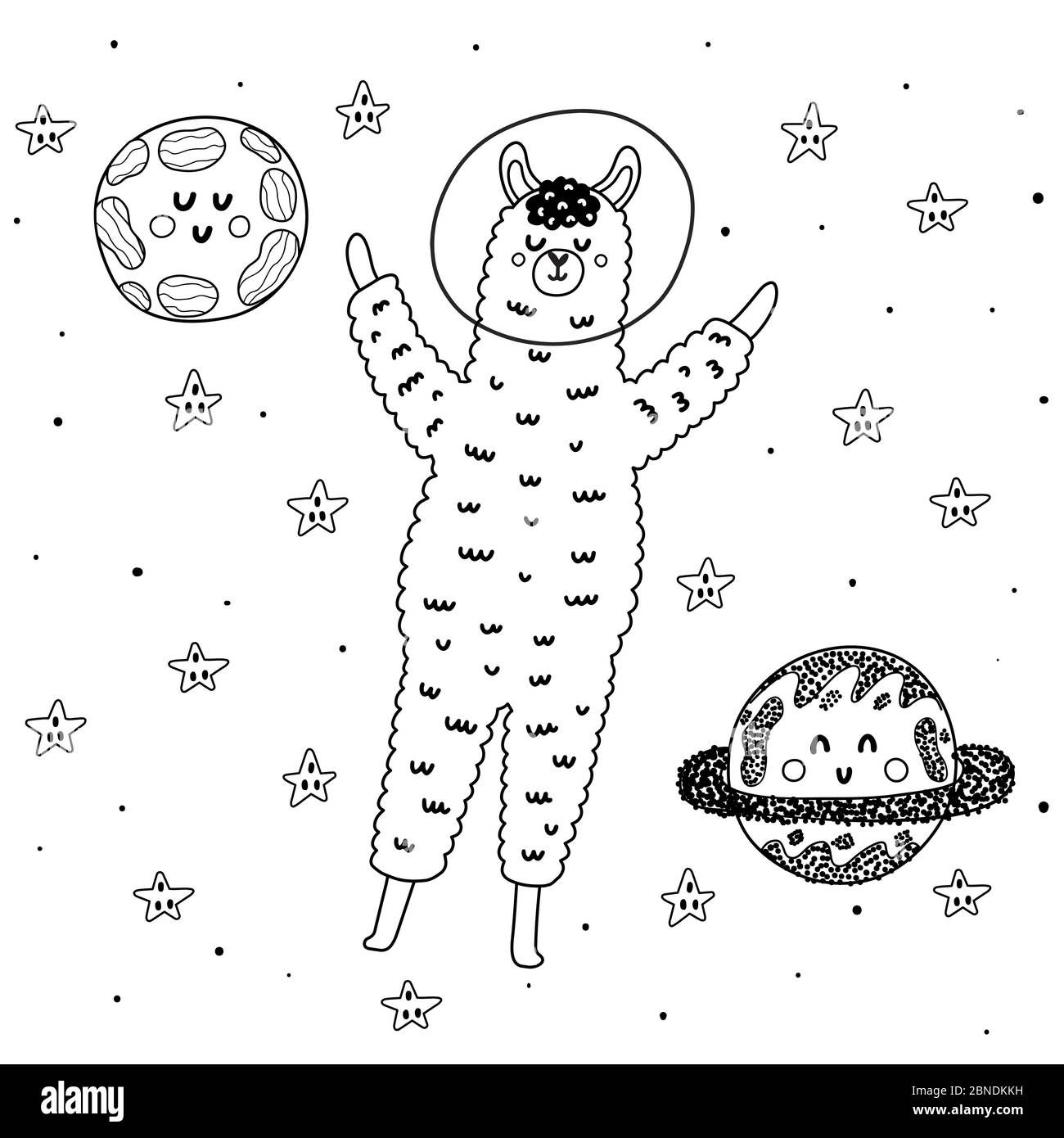 Llama astronaute dans la page de coloriage de l'espace Illustration de Vecteur