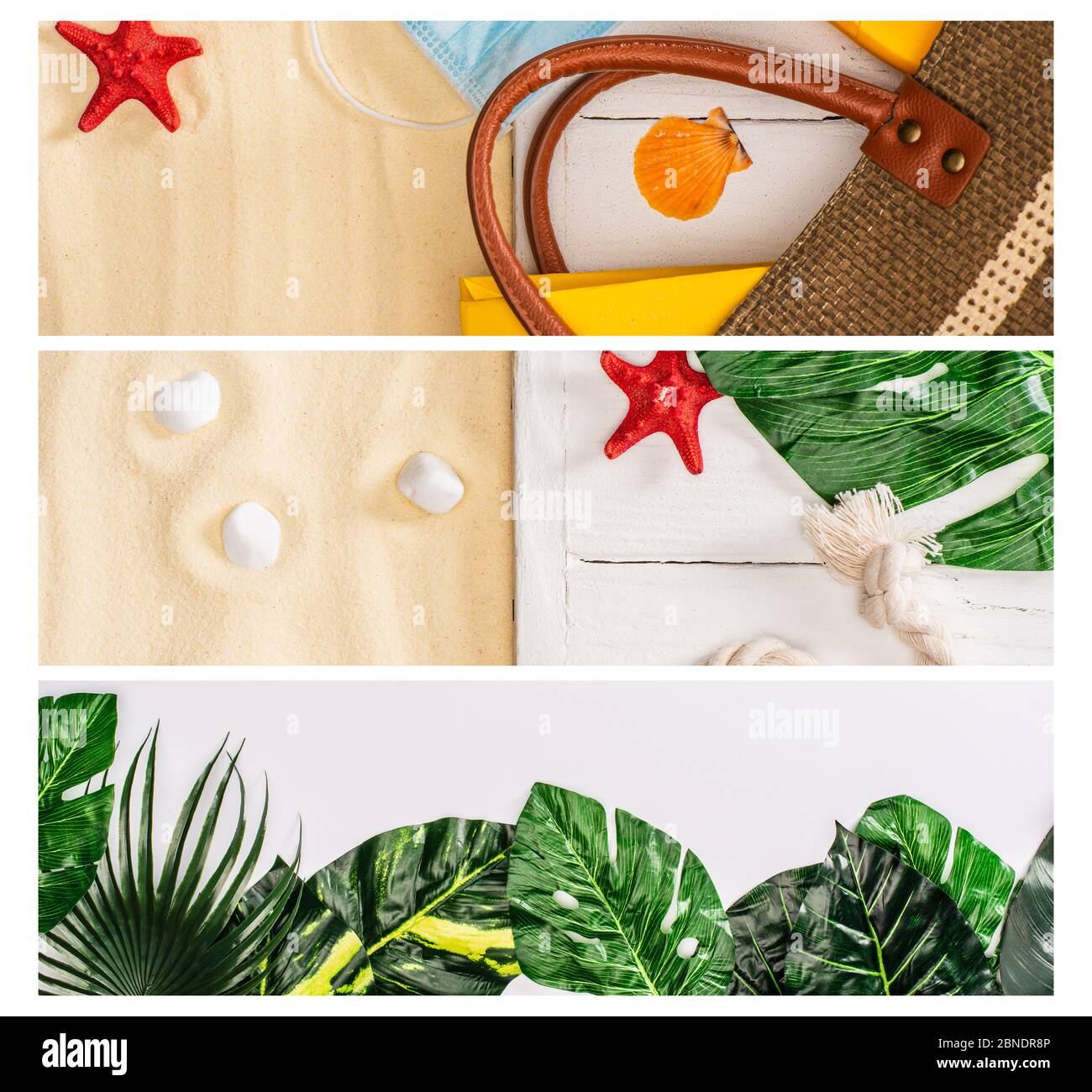Collage de masque médical, sac et feuilles avec des étoiles de mer sur des planches en bois et du sable Banque D'Images