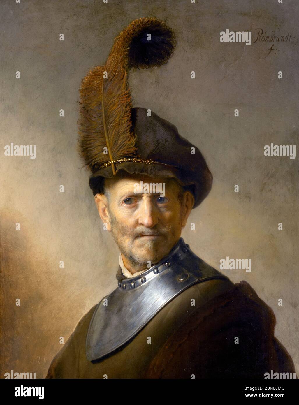 Un vieil homme en costume militaire par Rembrandt van Rijn (1606-1669), huile sur panneau, vers 1630-31 Banque D'Images