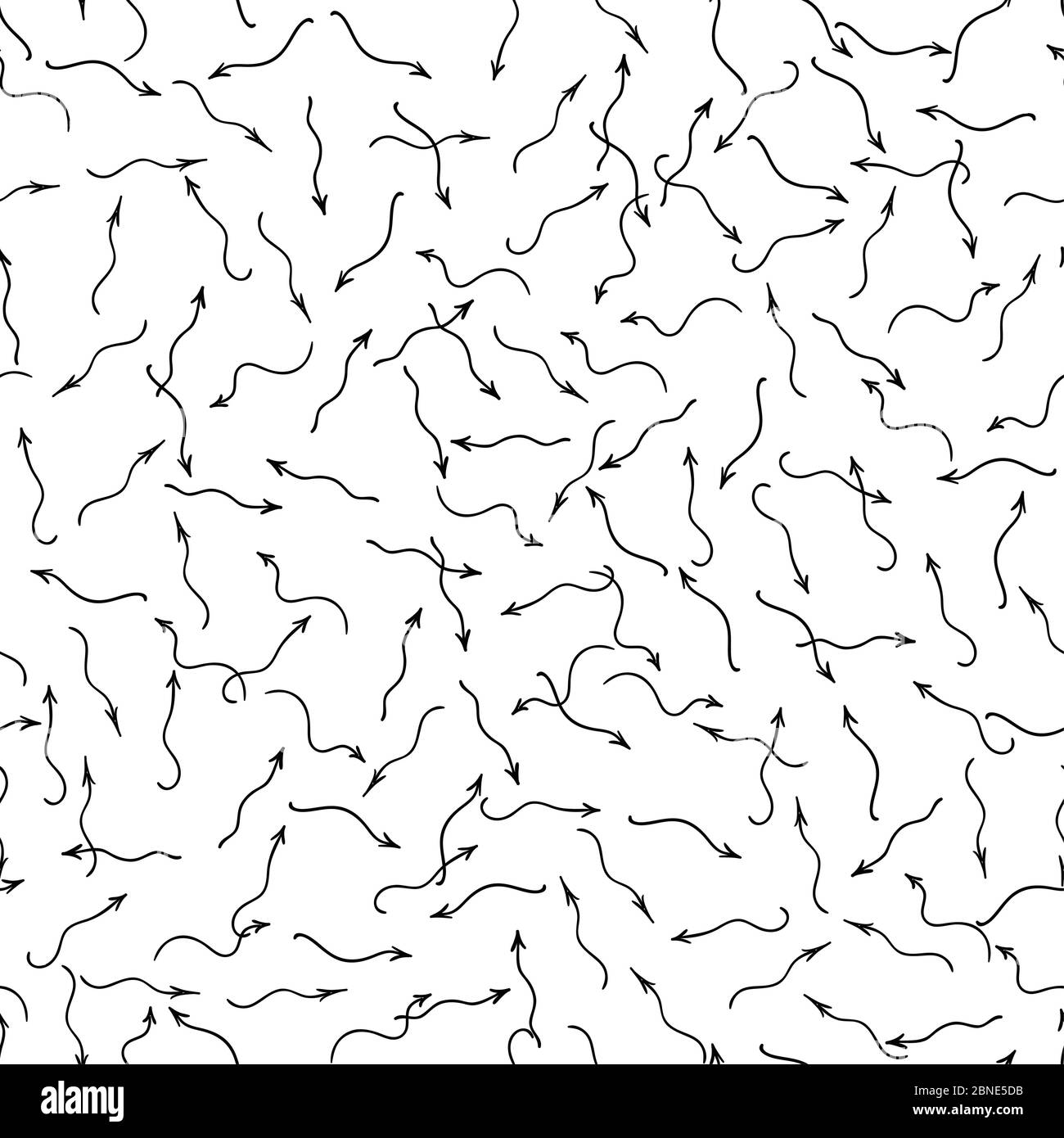 Flèches courbes dessinées à la main placées de façon aléatoire sur fond blanc. Motif sans couture. Pointeurs abstraits droite, gauche, haut et bas avec flèches qui s'enroule Illustration de Vecteur