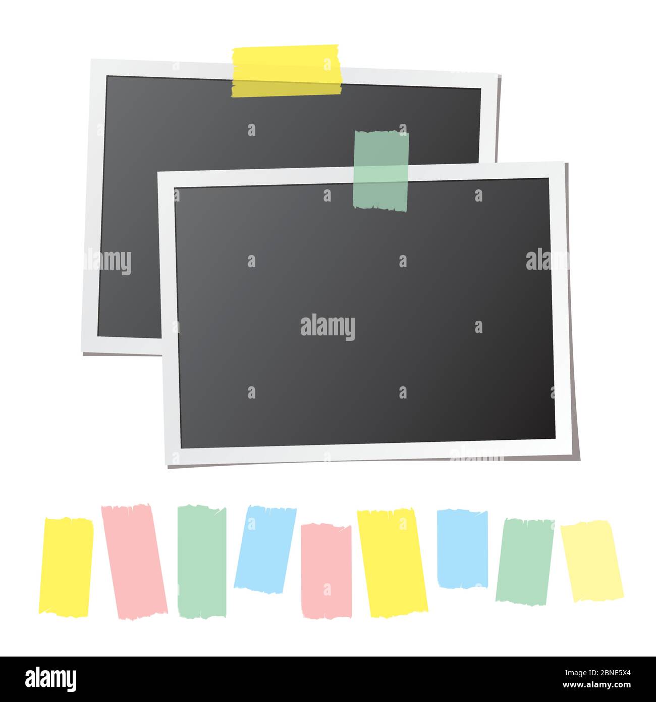 Cartes photo rétro fixées sur fond blanc et collection de bandes adhésives colorées. Modèle de cadre en papier avec espace vide pour votre image. Détai Illustration de Vecteur