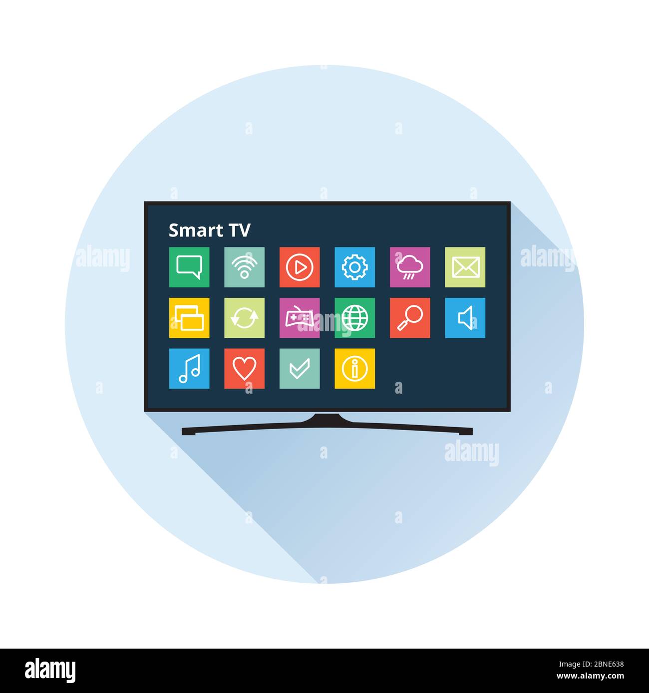 Icône Smart TV dans un style plat. Téléviseur LED avec boutons d'application colorés. Illustration de Vector eps8. Illustration de Vecteur