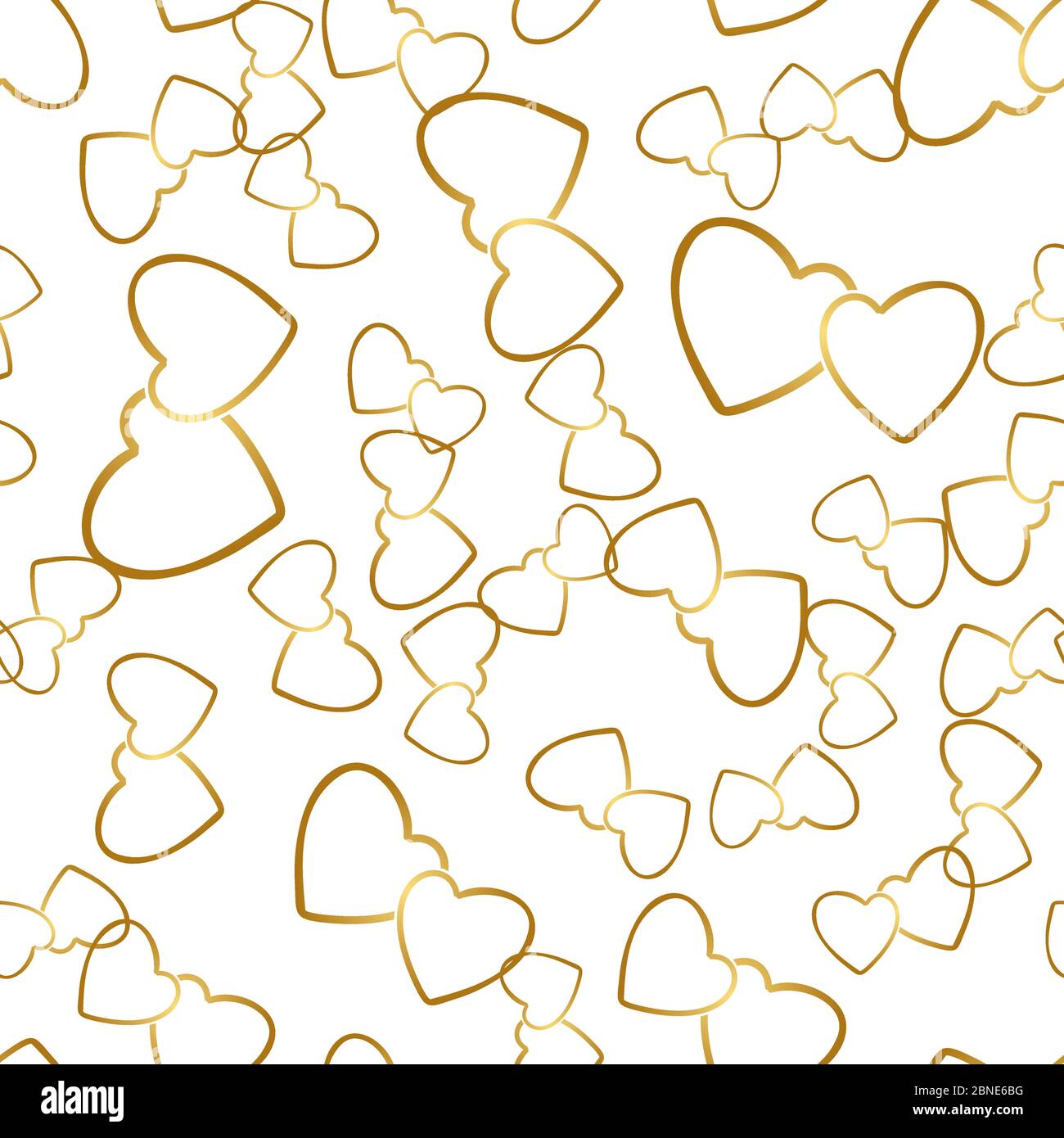 Motif sans coutures deux coeurs. Paires dorées de symboles de coeur placées de façon aléatoire sur fond blanc. Texture d'emballage romantique pour cadeau de Saint-Valentin ou gr Illustration de Vecteur