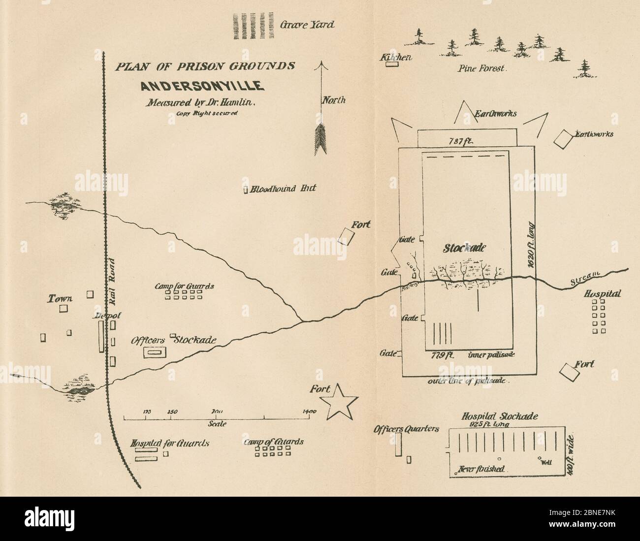 Gravure antique de 1866, "Plan de la prison à Andersonville, mesuré par le Dr. Hamlin", d'après l'histoire du soldat par Goss. La prison d'Andersonville était un camp confédéré de prisonniers de guerre à Andersonville, en Géorgie, pendant la guerre civile américaine. SOURCE : GRAVURE ORIGINALE Banque D'Images