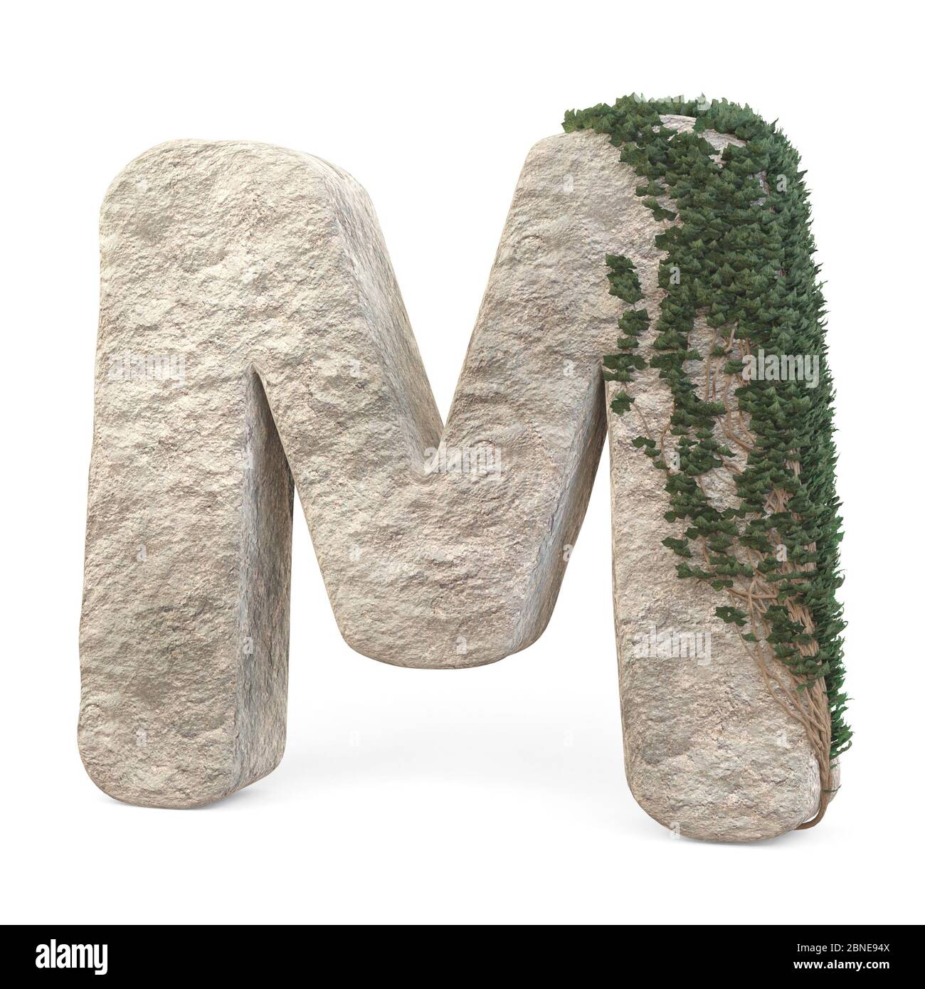 Des lettres de pierre réalistes avec de l'ivy, isolées sur un fond blanc. image 3d Banque D'Images