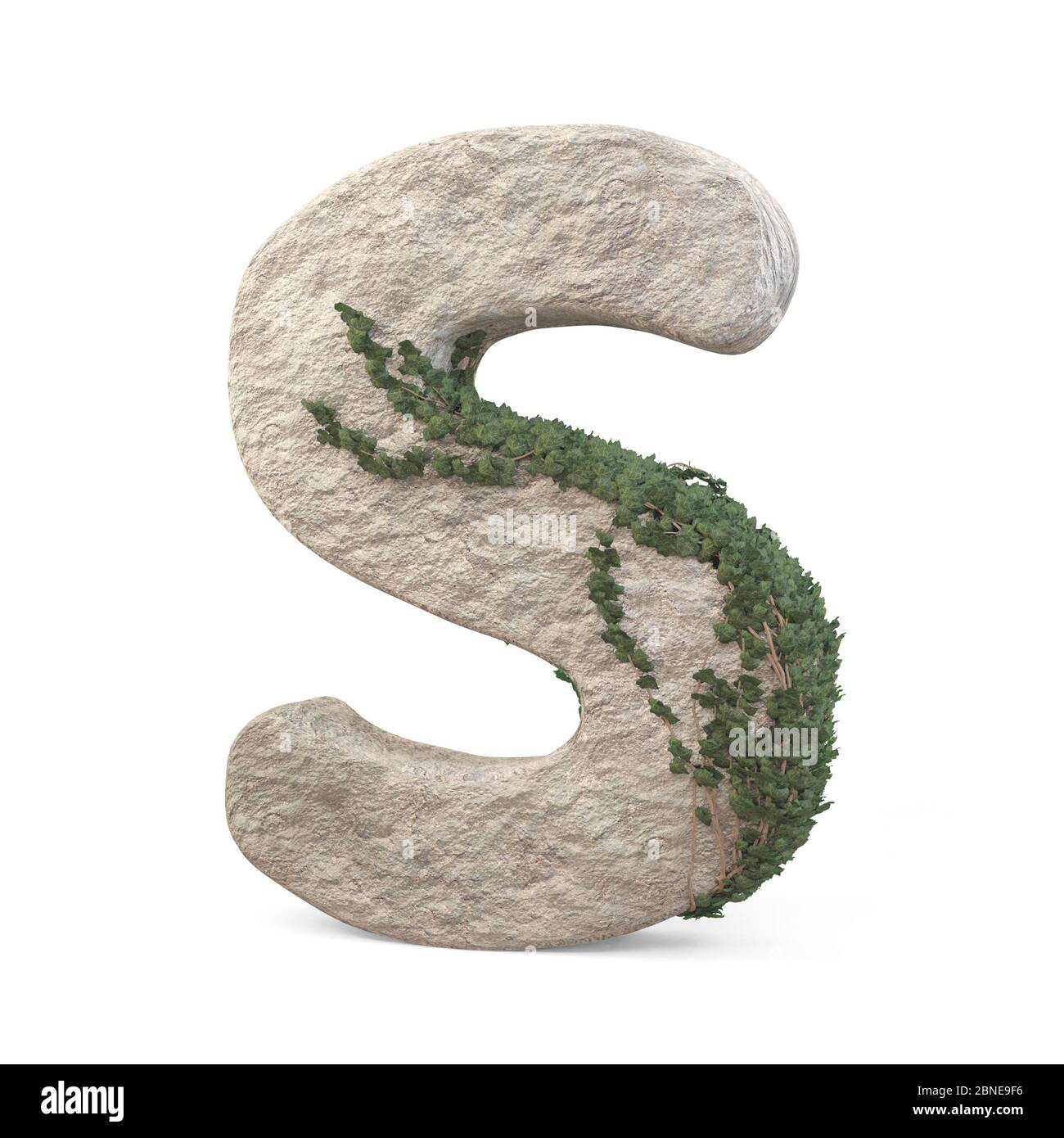 Des lettres de pierre réalistes avec de l'ivy, isolées sur un fond blanc. image 3d Banque D'Images