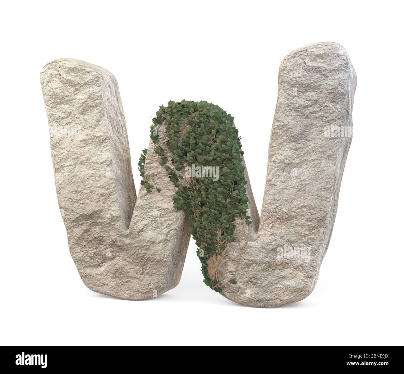 Des lettres de pierre réalistes avec de l'ivy, isolées sur un fond blanc. image 3d Banque D'Images