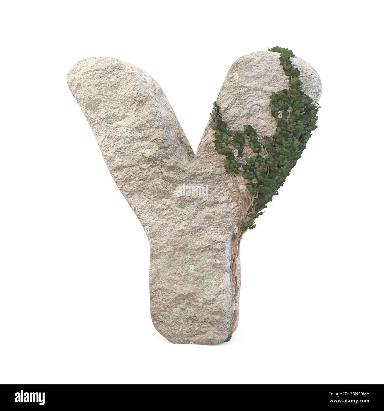 Des lettres de pierre réalistes avec de l'ivy, isolées sur un fond blanc. image 3d Banque D'Images