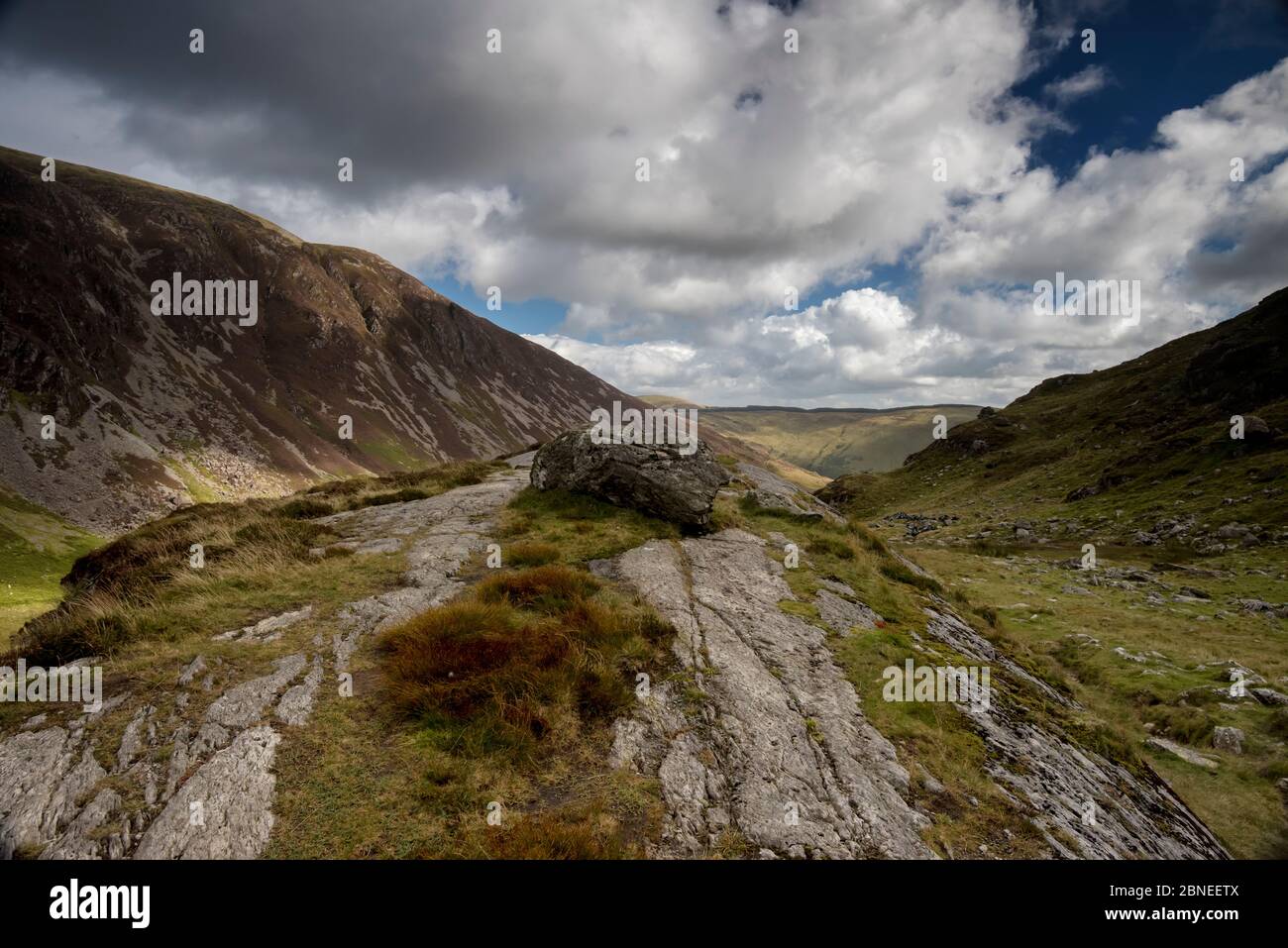 Un erratique glaciaire laissé par la glace pendant la dernière glaciation est perché sur une roche Moutonnee (roche de Sheep) sculptée par la glace. Cadair Idris, Banque D'Images Un erratique glaciaire laissé par la glace pendant la dernière glaciation est perché sur une roche Moutonnee (roche de Sheep) sculptée par la glace. Cadair Idris, Banque D'Images