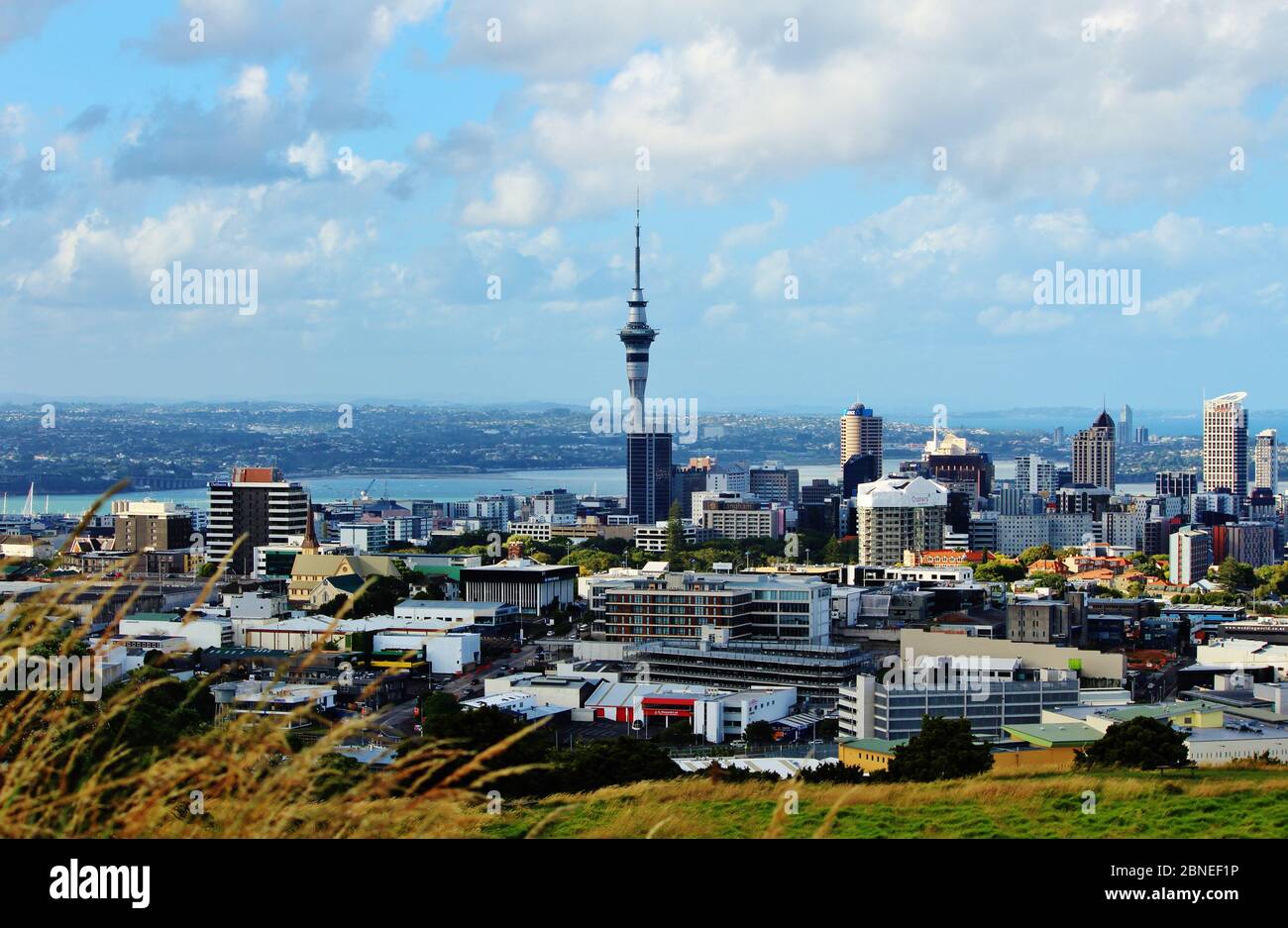 Panorama époustouflant du centre-ville d'Auckland en Nouvelle-Zélande par la lumière du jour avec l'océan en arrière-plan. Photo prise depuis le belvédère de Mount Eden. Banque D'Images