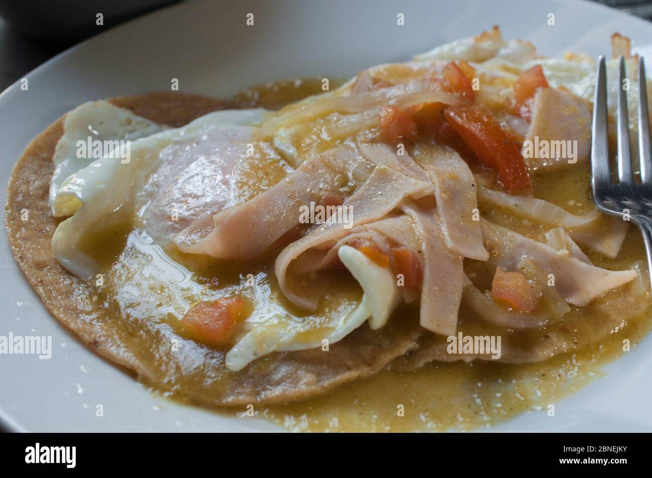 Concept de macro photographie ou gros plan, petit déjeuner mexicain huevos rancheros avec jambon et salsa épicée Banque D'Images