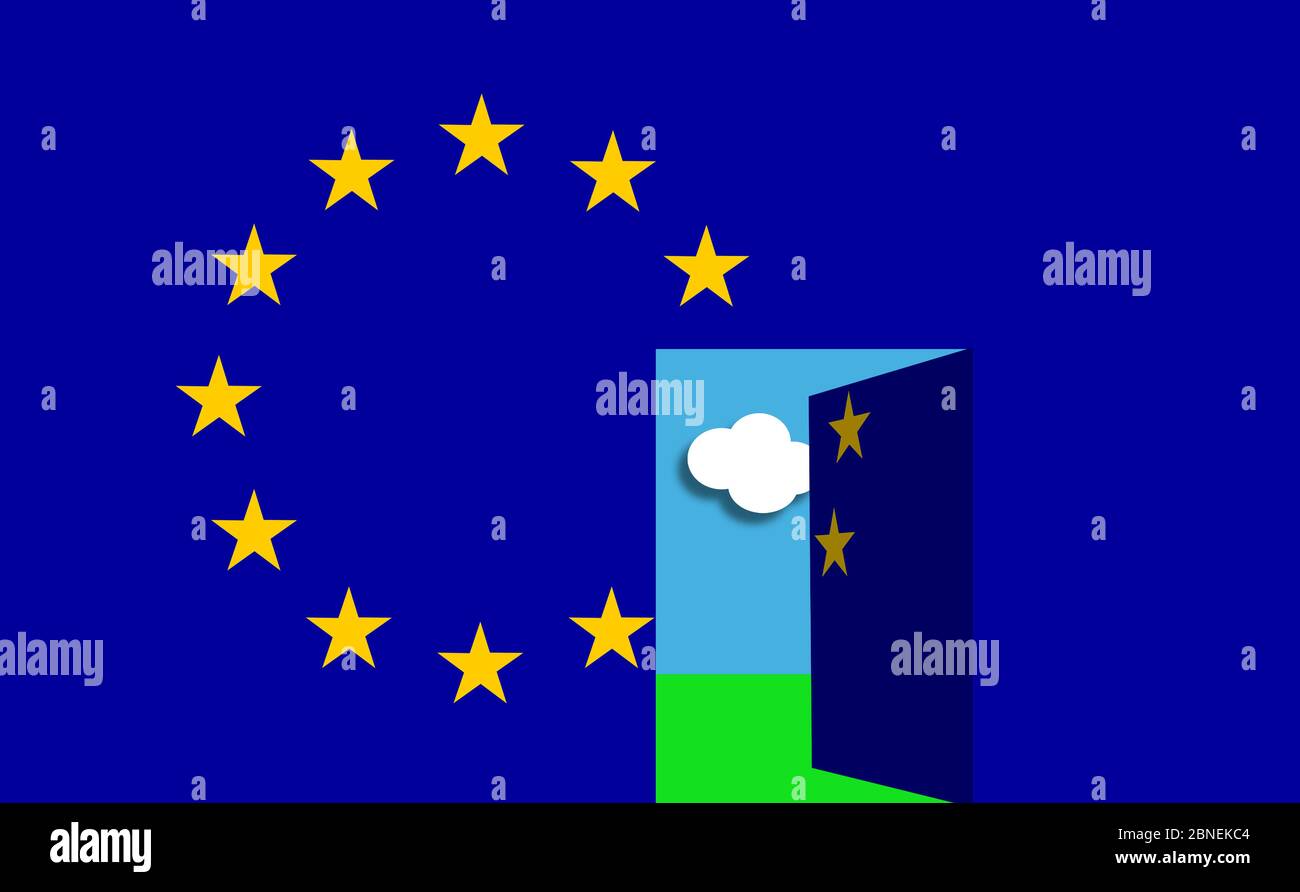 Immense drapeau de l'Union européenne avec une porte ouvrant sur un paysage bleu ciel et vert herbe. L'Europe est rouverte après le verrouillage du coronavirus ou s'ouvre à nouveau Banque D'Images