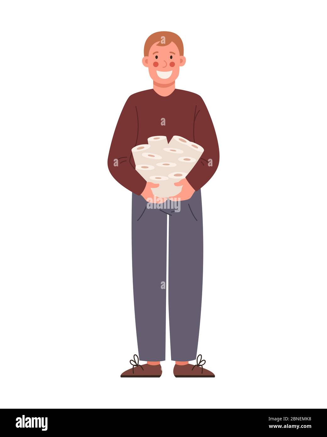 Un homme en panique magasiner dans un supermarché saisit le papier toilette en vrac en raison de la crise du coronavirus. Concept de pandémie Covid-19. illustration vectorielle plate Illustration de Vecteur