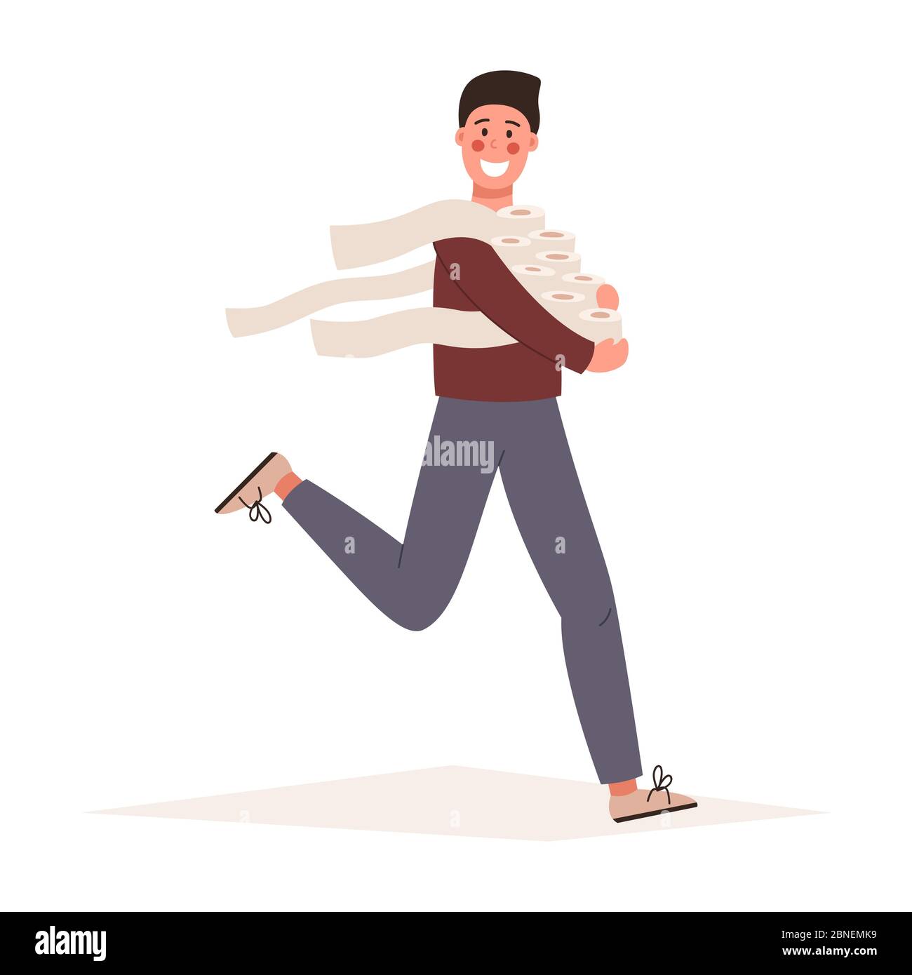 Un homme en panique magasiner dans un supermarché saisit le papier toilette en vrac en raison de la crise du coronavirus. Concept de pandémie Covid-19. illustration vectorielle plate Illustration de Vecteur