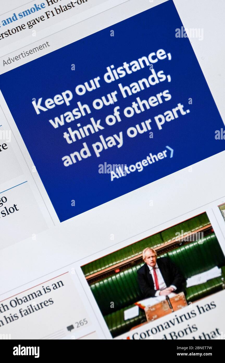 Publicité d'information publique sur le coronavirus « Gardez nos distances, lavez-vous les mains, pensez aux autres, jouez notre rôle » ; dans le cadre de la campagne « alerte d'urgence ». Banque D'Images