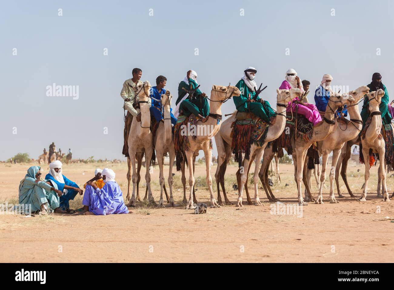 Ingall, Nige Curee Vente festivalr: tuareg gens dans des vêtements traditionnels assis sur des chameaux dans le désert Banque D'Images