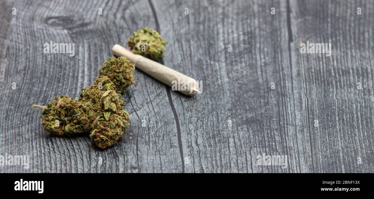 Quelques bourgeons de cannabis médical de haute qualité avec un joint pré-roulé sur une surface en bois. Banque D'Images