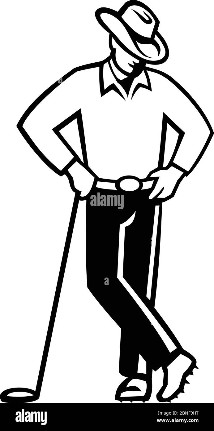 Illustration d'un golfeur de cow-boy portant un chapeau incliné sur le club de golf vu de l'avant sur un fond isolé fait en noir et blanc dans le style rétro. Illustration de Vecteur