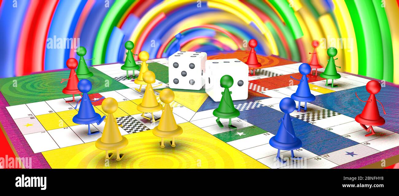 Jetons de jeu de société rouge, bleu, jaune et vert fantaisie avec les pieds et les mains marchant sur le plateau avec deux dés au milieu sur un fond de non focalisé Banque D'Images