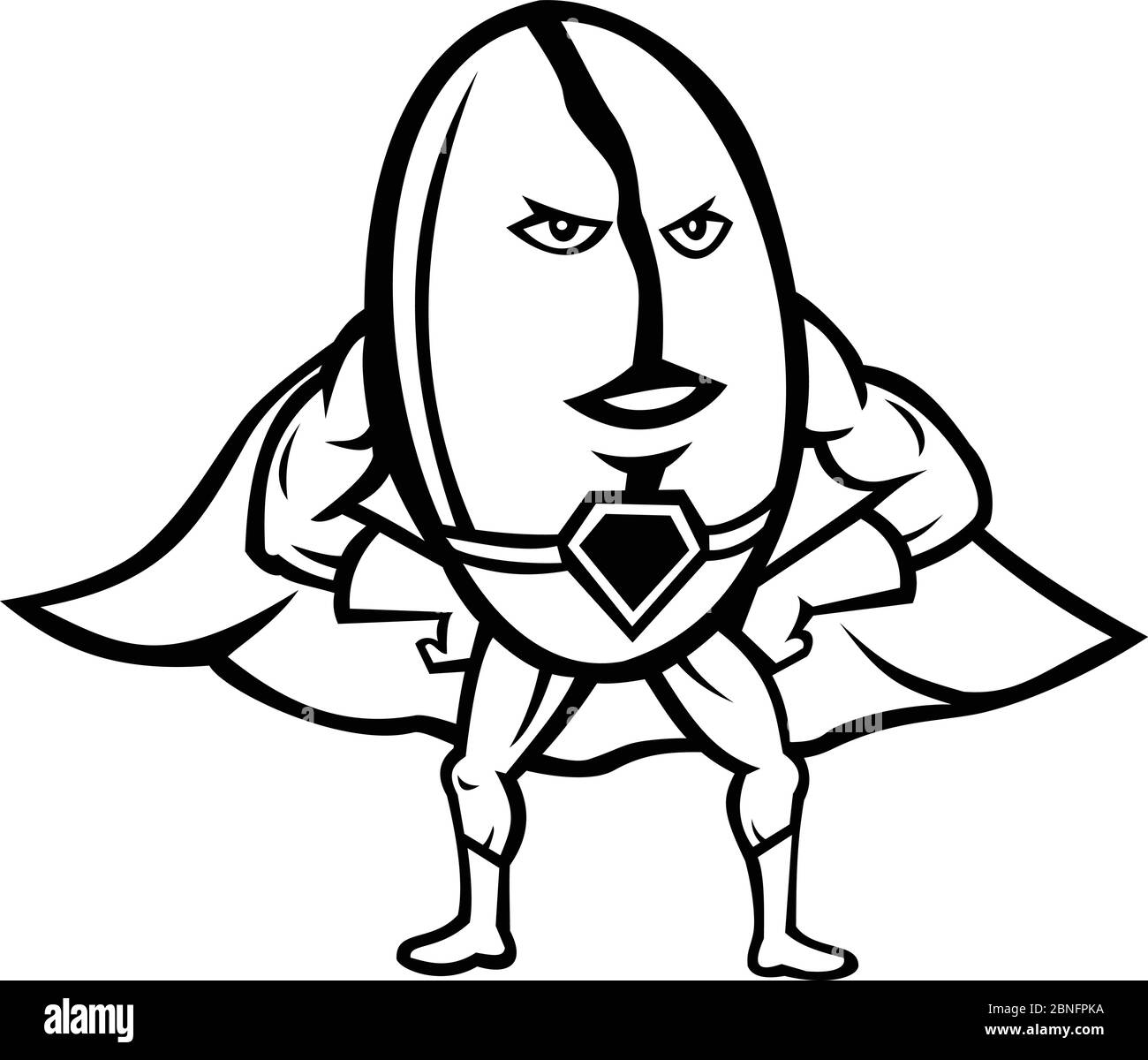 Icône de mascotte illustration d'un super-héros de grain de café portant un cap avec les mains et les bras akimbo vu de l'avant sur un fond isolé en noir et Wh Illustration de Vecteur