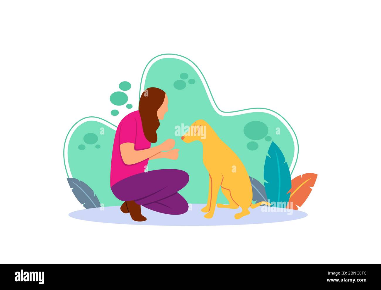 Illustration plate d'une fille assise joyeuse jouant avec son chien. Personnage de dessin animé avec le concept de l'amitié avec un chien. Vous avez du temps libre à la maison Illustration de Vecteur