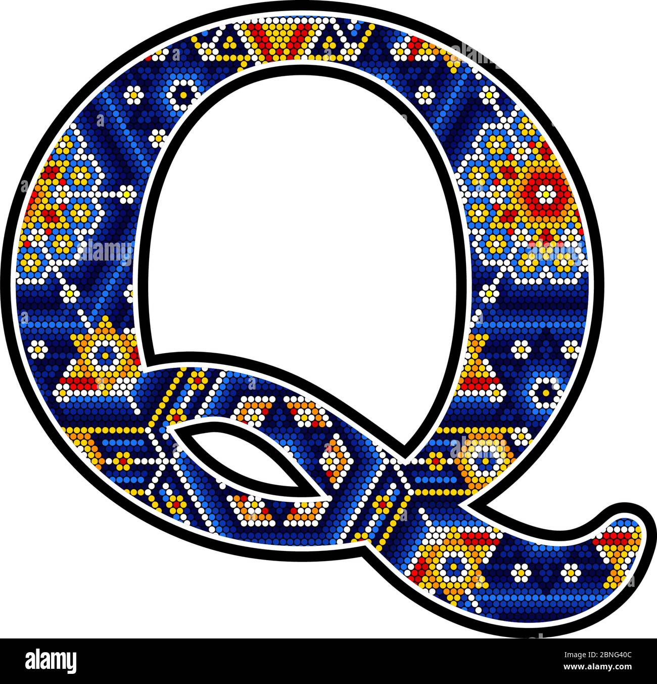 Lettre Q majuscule initiale avec points colorés. Design abstrait inspiré du style artisanal mexicain du huichol. Isolé sur fond blanc Illustration de Vecteur