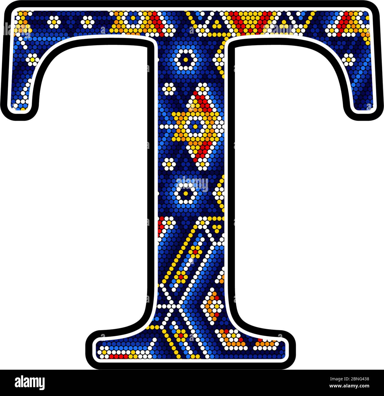 Lettre T majuscule initiale avec points colorés. Design abstrait inspiré du style artisanal mexicain du huichol. Isolé sur fond blanc Illustration de Vecteur
