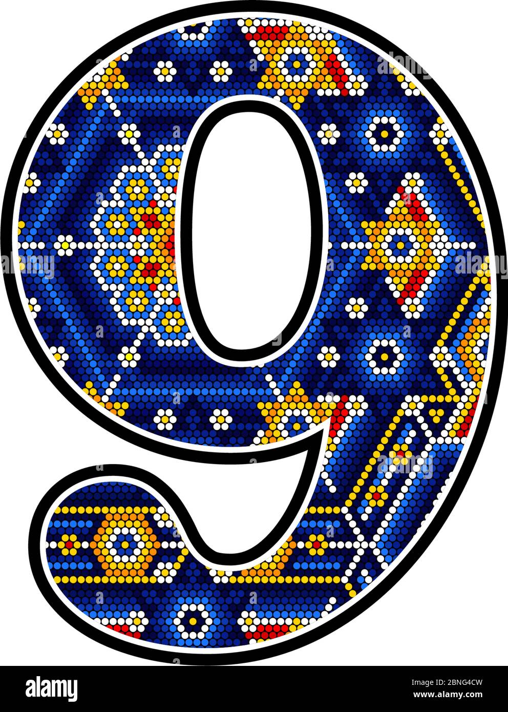 numéro 9 avec points colorés. Design abstrait inspiré du style mexicain de l'art huichol isolé sur fond blanc Illustration de Vecteur