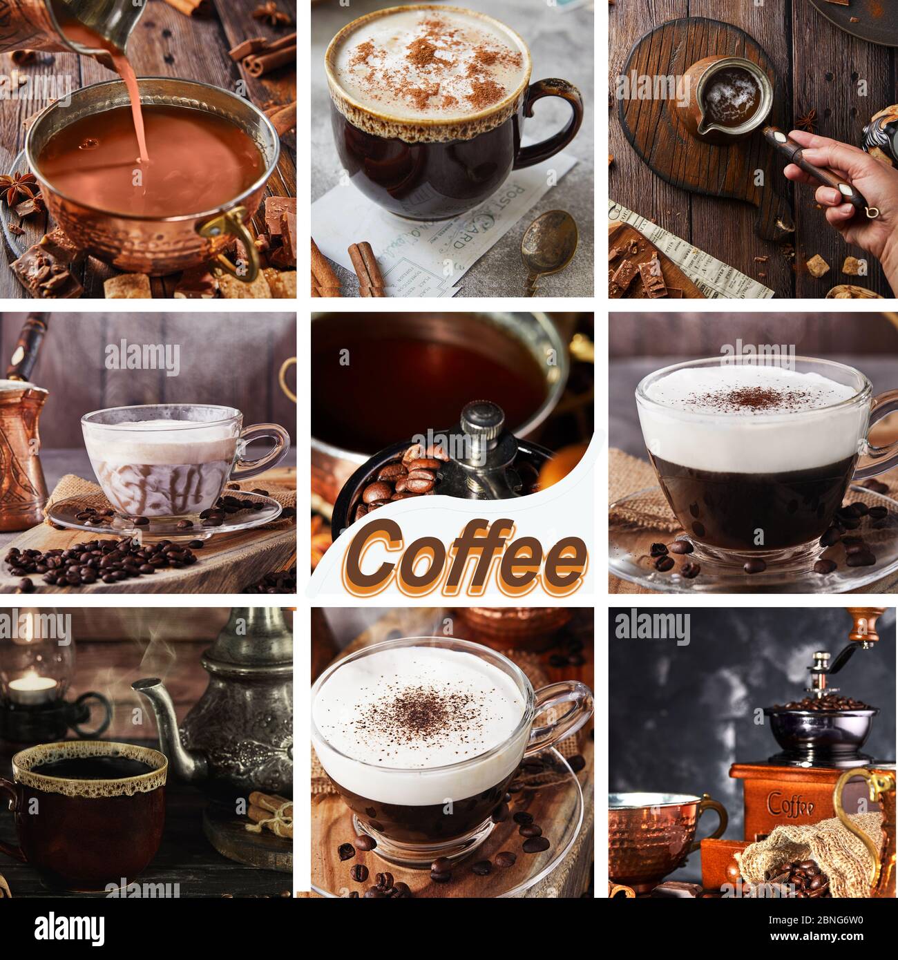 Collage de photos de café dans différentes tasses avec de la vapeur. L'inscription café Banque D'Images