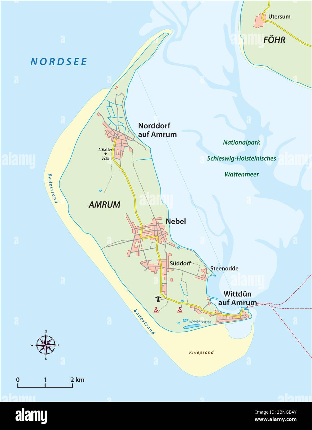 Carte vectorielle de l'île frisonne du Nord d'Amrum en allemand Illustration de Vecteur