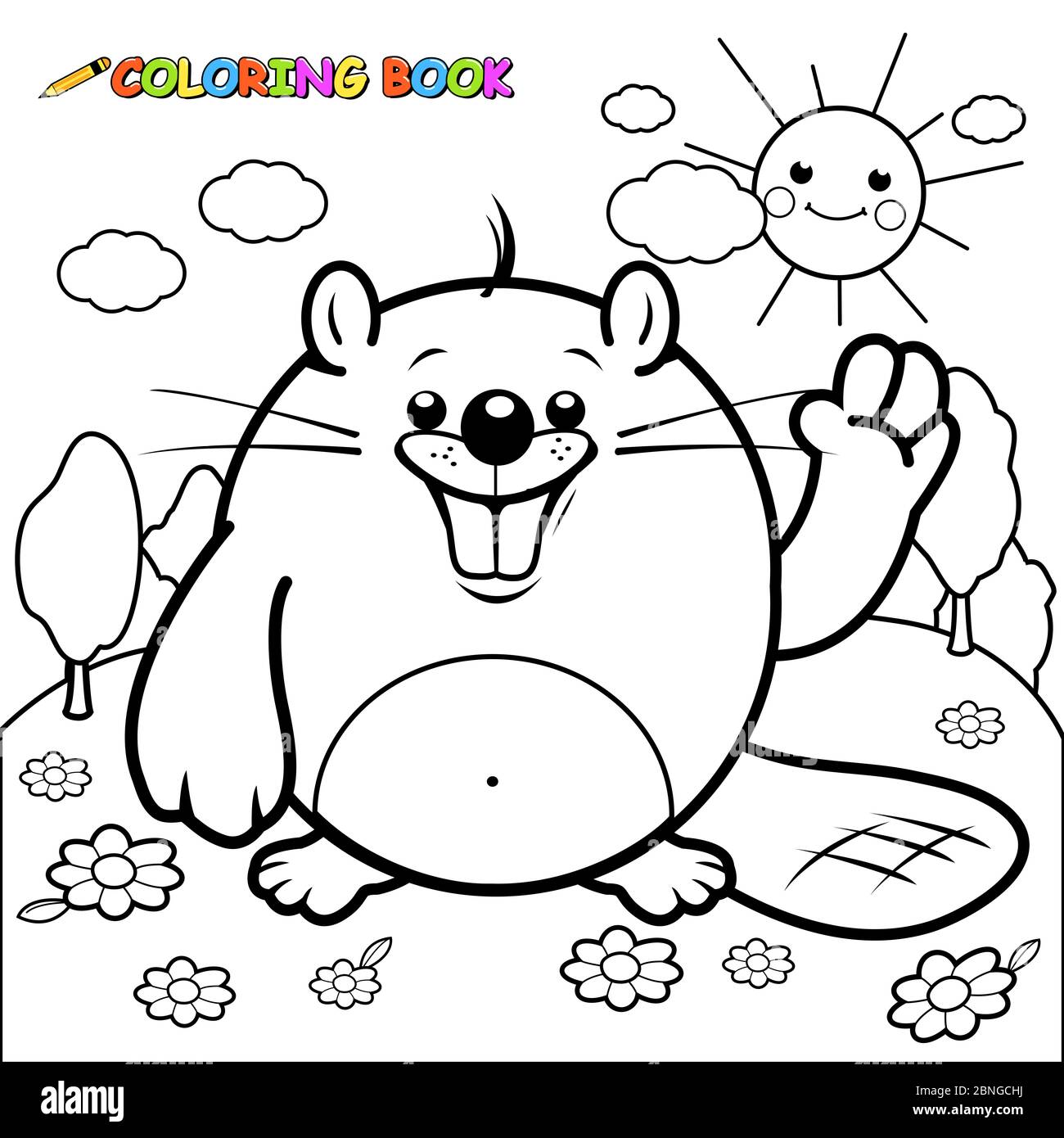 Personnage de castor de dessin animé dans la forêt dans la nature. Un castor mignon dans un champ de fleurs. Coloriage noir et blanc Banque D'Images