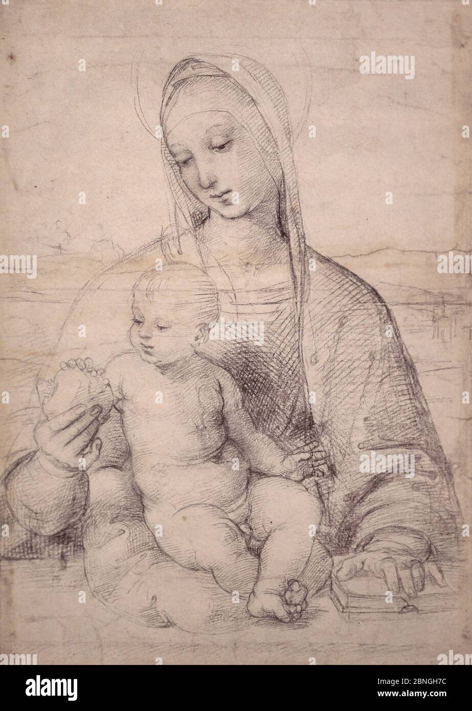 Madonna du grenade (c. 1504). Raphael (également Raffaello Santi, Raffaello Sanzio da Urbino) (1483-1520). Craie noire. Télécopie. Banque D'Images