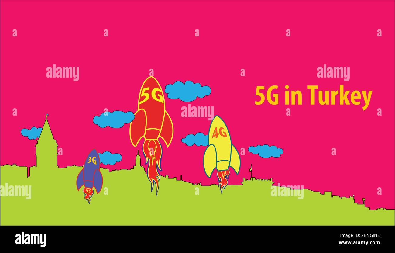 Technologie mobile haut débit 5G en Turquie. Illustration du concept avec la tour Galata d'Istanbul et l'horizon urbain, et trois roquettes. Illustration de Vecteur