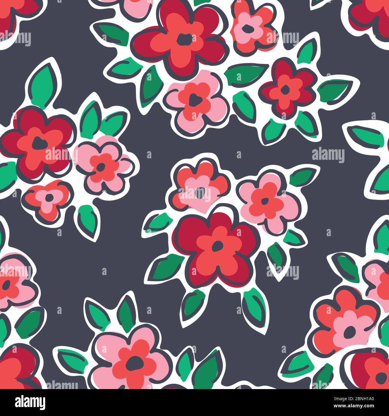 Coloré dessin à la main artistique naïf fleurs de Marguerite contours sur fond gris vecteur sans couture motif Illustration de Vecteur