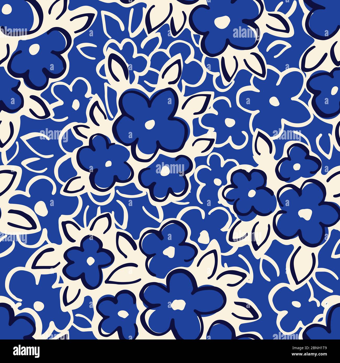 Dessin à la main, dessin artistique naïf, fleurs de Marguerite sur fond bleu Vector sans couture motif Illustration de Vecteur